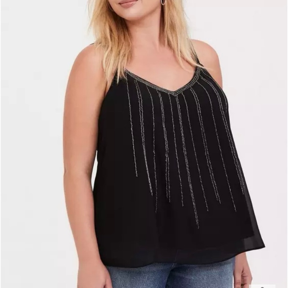 Chic Black Camisole with beaded Trim and Adjustable Straps